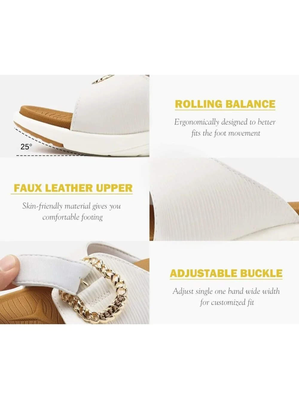 Women's White Brown Faux Leather Comfortable Walking Adjustable Slip On Flats